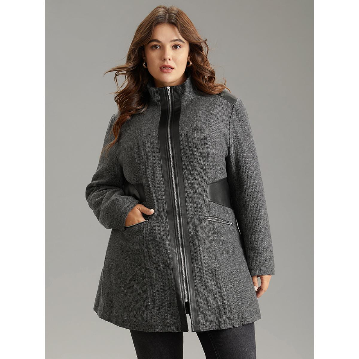Plus Size Padded Patchwork PU Leather Zipper Coat Women Black Casual Texture Ladies Dailywear Winter Coats BloomChic 22-24/3X Product Image
