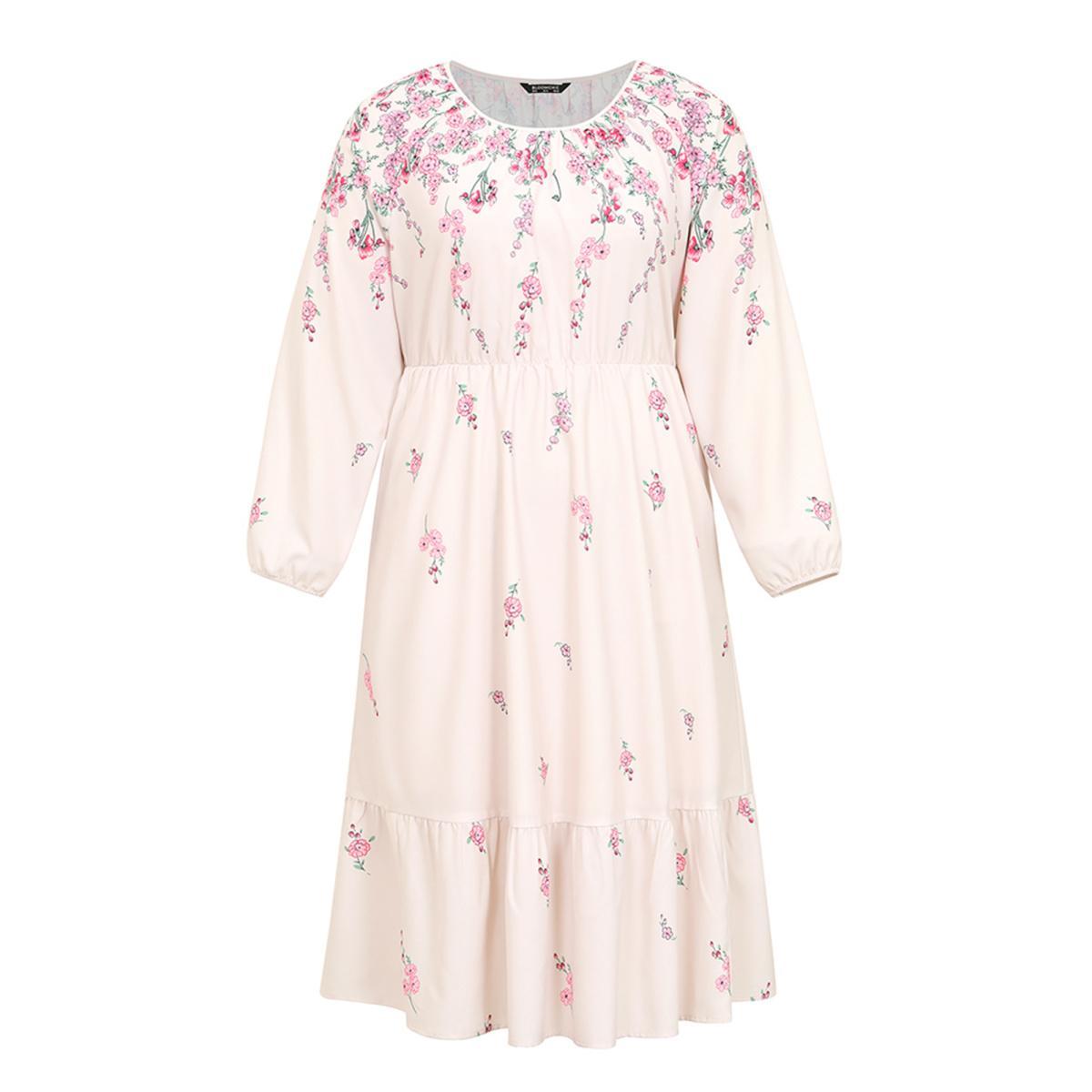 Plus Size Boho Print Patchwork Ruffles Lantern Sleeve Dress Apricot Women Elegant Elastic cuffs Round Neck Long Sleeve Curvy Midi Dress BloomChic 30/6X Product Image