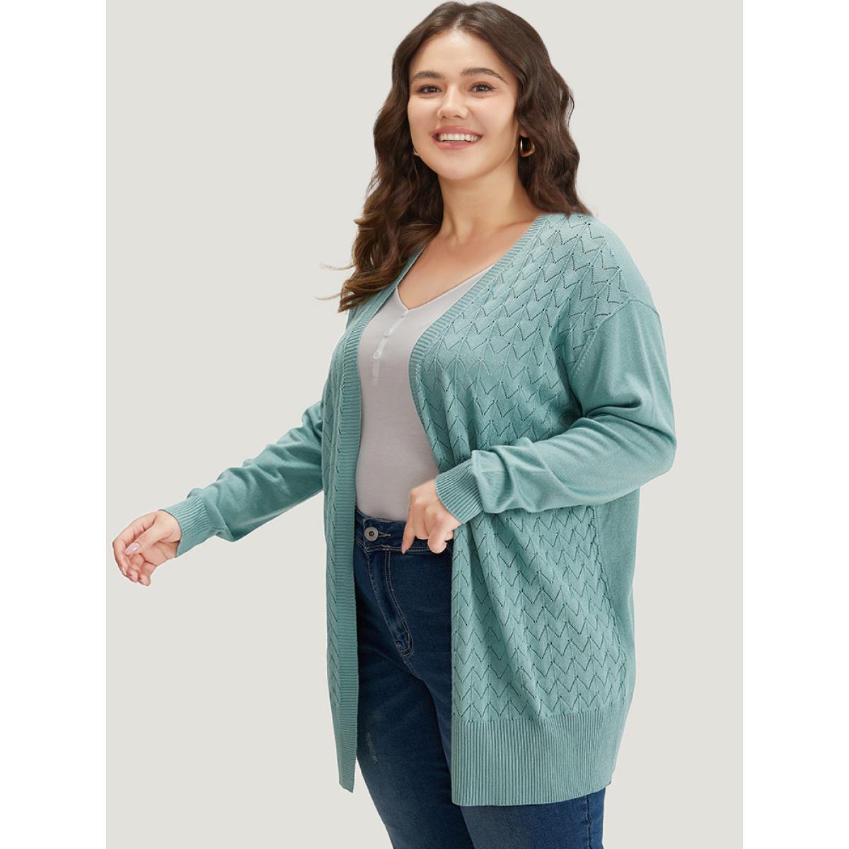 Plus Size Supersoft Essentials Geometric Eyelet Open Front Cardigan Emerald Women Casual Loose Long Sleeve Dailywear Cardigans BloomChic 10/M Product Image