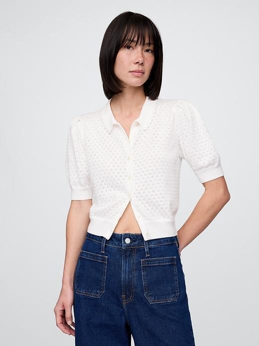 100% Cotton Cropped Pointelle Cardigan Product Image