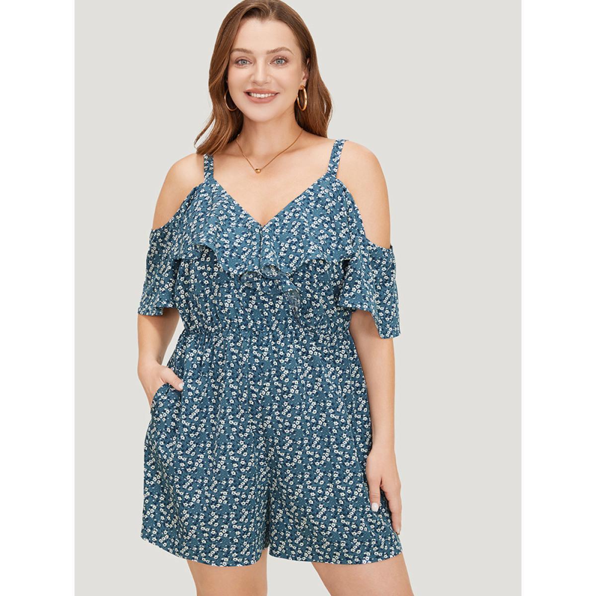 Plus Size Stone Ditsy Floral Pocket Zipper Ruffle Cold Shoulder Romper Women Casual Short sleeve Spaghetti Strap Dailywear Loose Jumpsuits BloomChic 22-24/3X Product Image