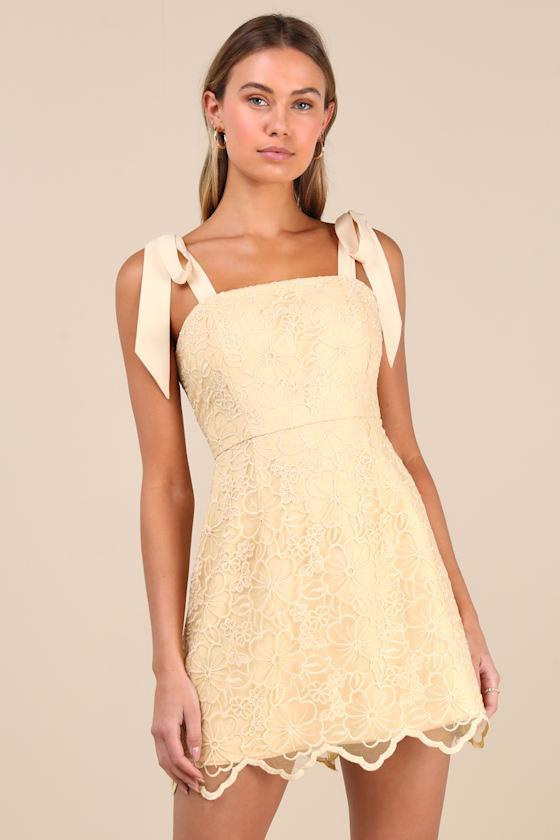 Lovable Aesthetic Light Yellow Embroidered Tie-Strap Mini Dress Product Image