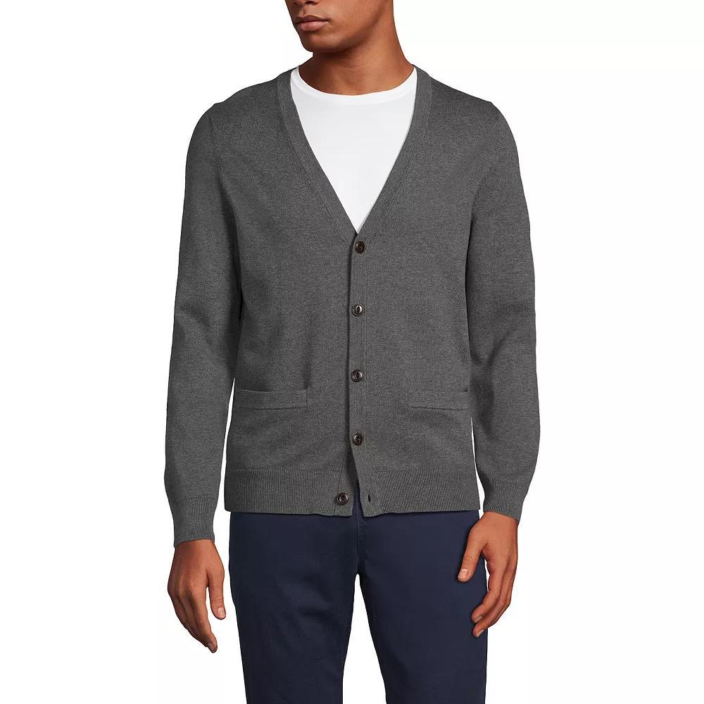 Men's Lands' End Fine Gauge Cotton Cardigan Sweater, Size: Medium, Grey Heather Product Image
