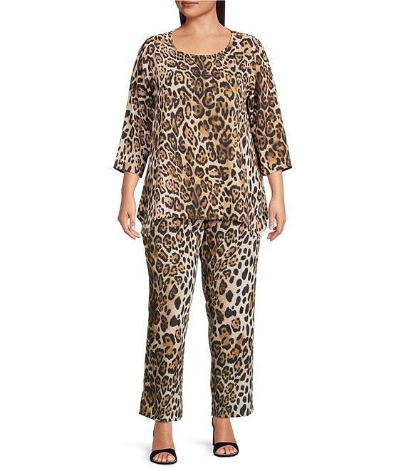 Caroline Rose Plus Coordinating Leopard Print Matte Crepe Flat Front Pull-On Straight Leg Pants Product Image