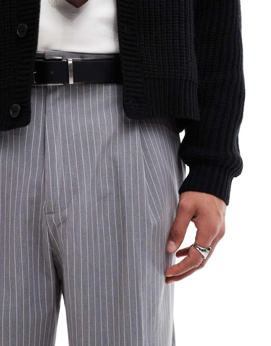 Pull&Bear wide leg tailored stripe pants in gray Product Image