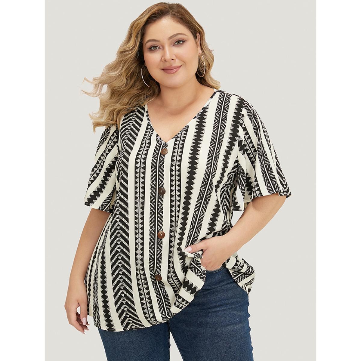 Plus Size White Geometric Print Ruffle Sleeve Button Detail Blouse Women Vacation Short sleeve V-neck Dailywear Blouses BloomChic 26/4X Product Image