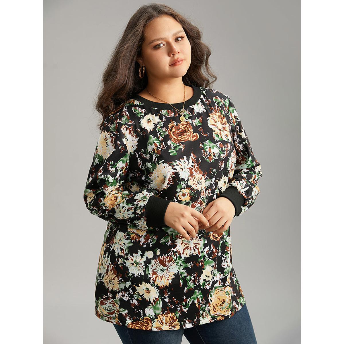 Plus Size Floral Print Elastic Cuffs Sweatshirt Women Black Elegant Printed Round Neck Dailywear Sweatshirts BloomChic 30/6X Product Image