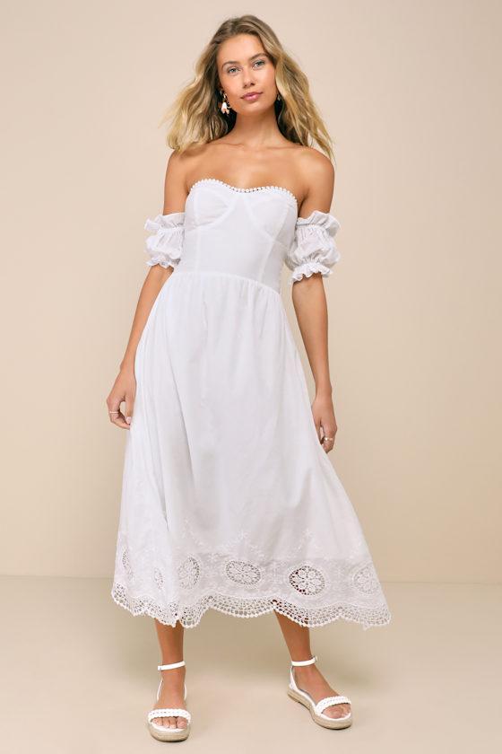 Sweet Sunlover White Embroidered Off-the-Shoulder Midi Dress Product Image