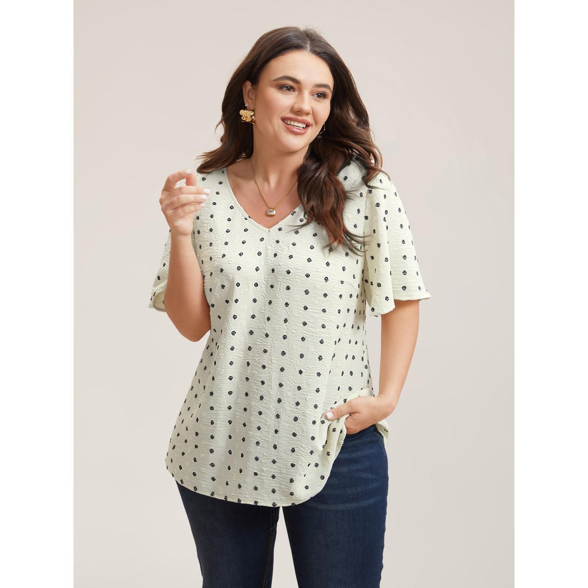 Plus Size Beige Textured Polka Dot Print Flared Sleeve Shirt Women Elegant Short sleeve V-neck Everyday Blouses BloomChic 18-20/2X Product Image
