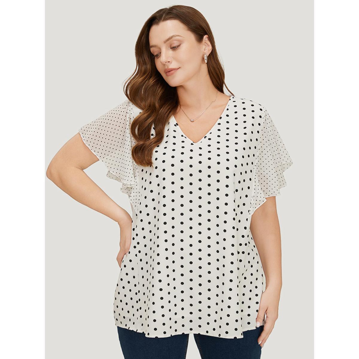Plus Size White Polka Dot Patchwork Mesh Flutter Sleeve Blouse Women Office Short sleeve V-neck Work Blouses BloomChic 14-16/1X Product Image