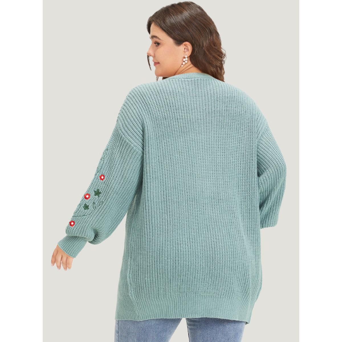 Plus Size Floral Embroidered Lantern Sleeve Drop Shoulder Cardigan Stone Women Casual Loose Long Sleeve Everyday Cardigans BloomChic 28/5X Product Image