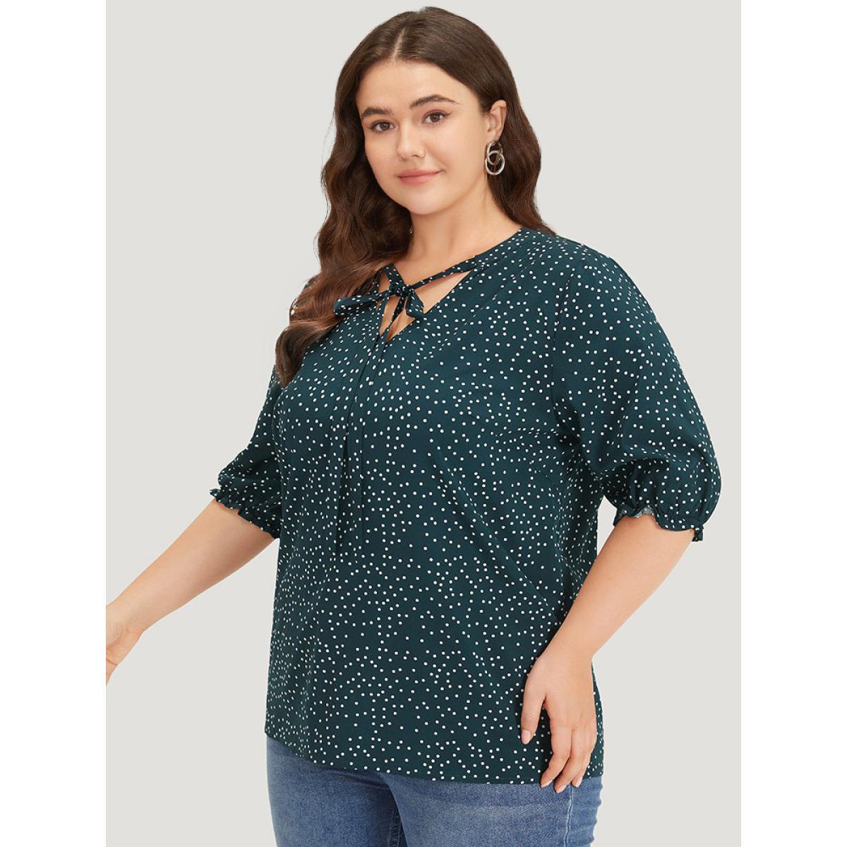 Plus Size DarkGreen Polka Dot Knot Neck Lantern Sleeve Blouse Women Office Half Sleeve Tie Neck Work Blouses BloomChic 26/4X Product Image