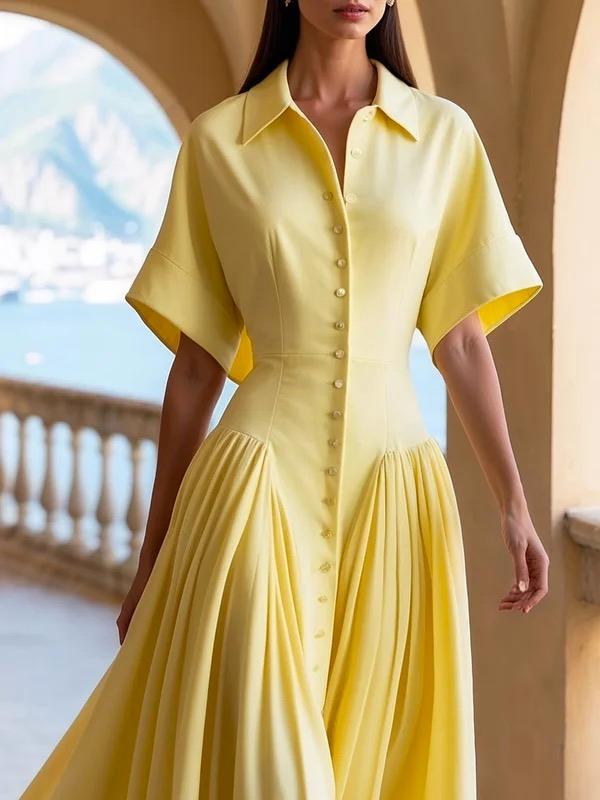Loose Short Sleeves Buttoned Pleated Solid Color Lapel Collar Midi Dresses Shirt Dress Product Image