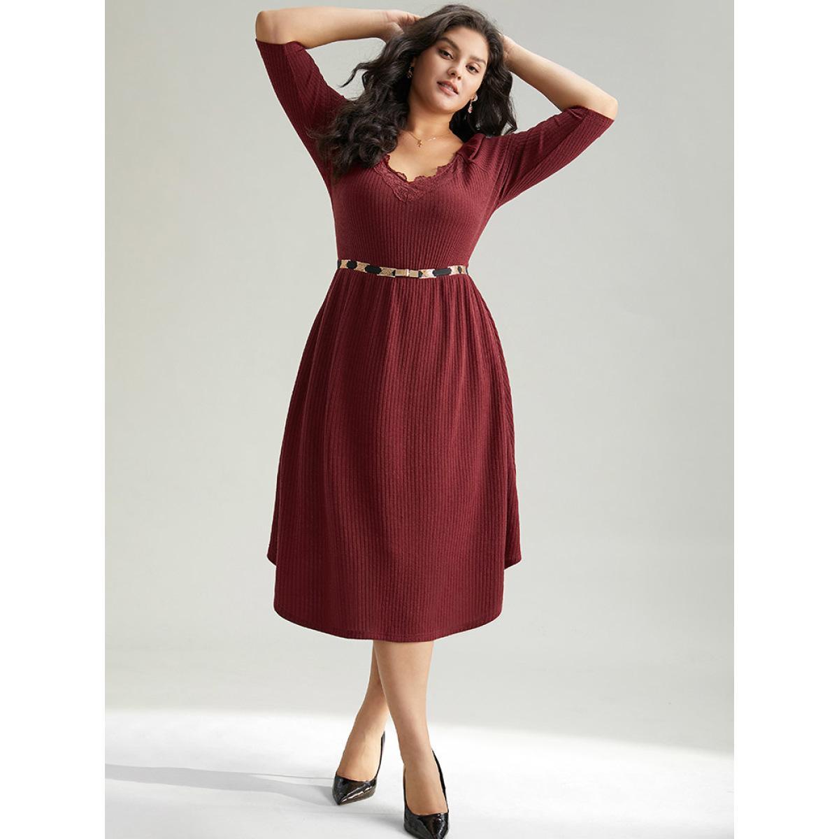 Plus Size Solid Rib Knit Lace Insert Dress Burgundy Women Elegant Rib Knit V-neck Long Sleeve Curvy Midi Dress BloomChic 10/M Product Image