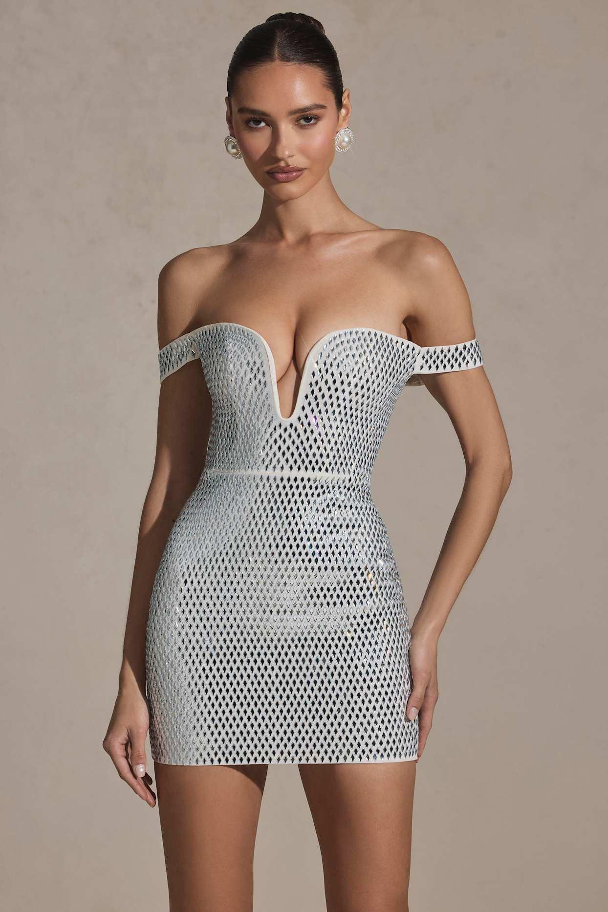 Embellished Off-Shoulder Mini Dress in White Product Image