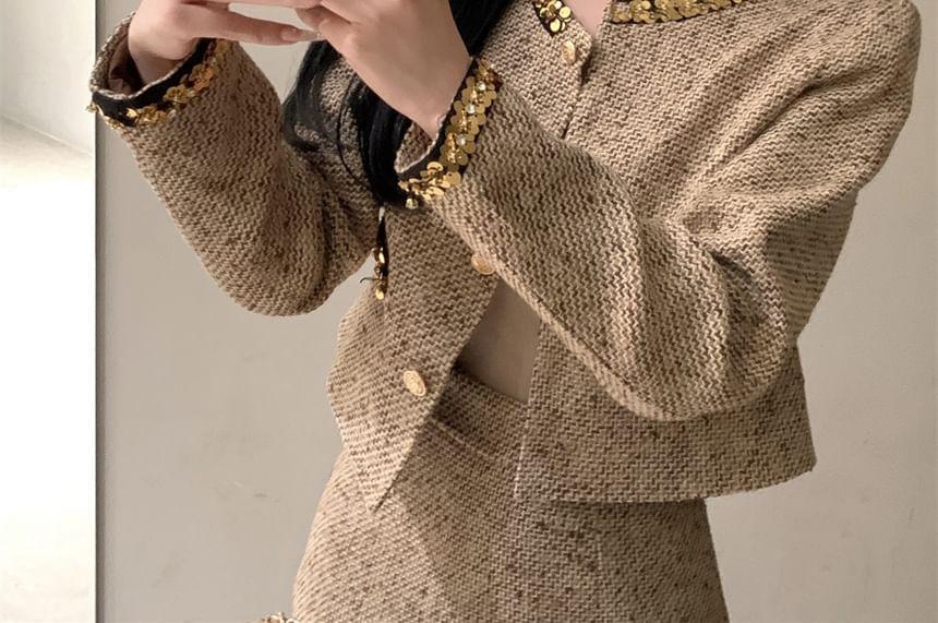Set: Sequin Single-Breasted Jacket + High Rise Mini Pencil Skirt Product Image