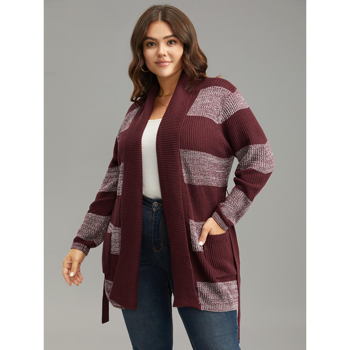 Plus Size Colorblock Heather Belted Pocket Cardigan Burgundy Women Casual Loose Long Sleeve Dailywear Cardigans BloomChic 18-20/2X Product Image