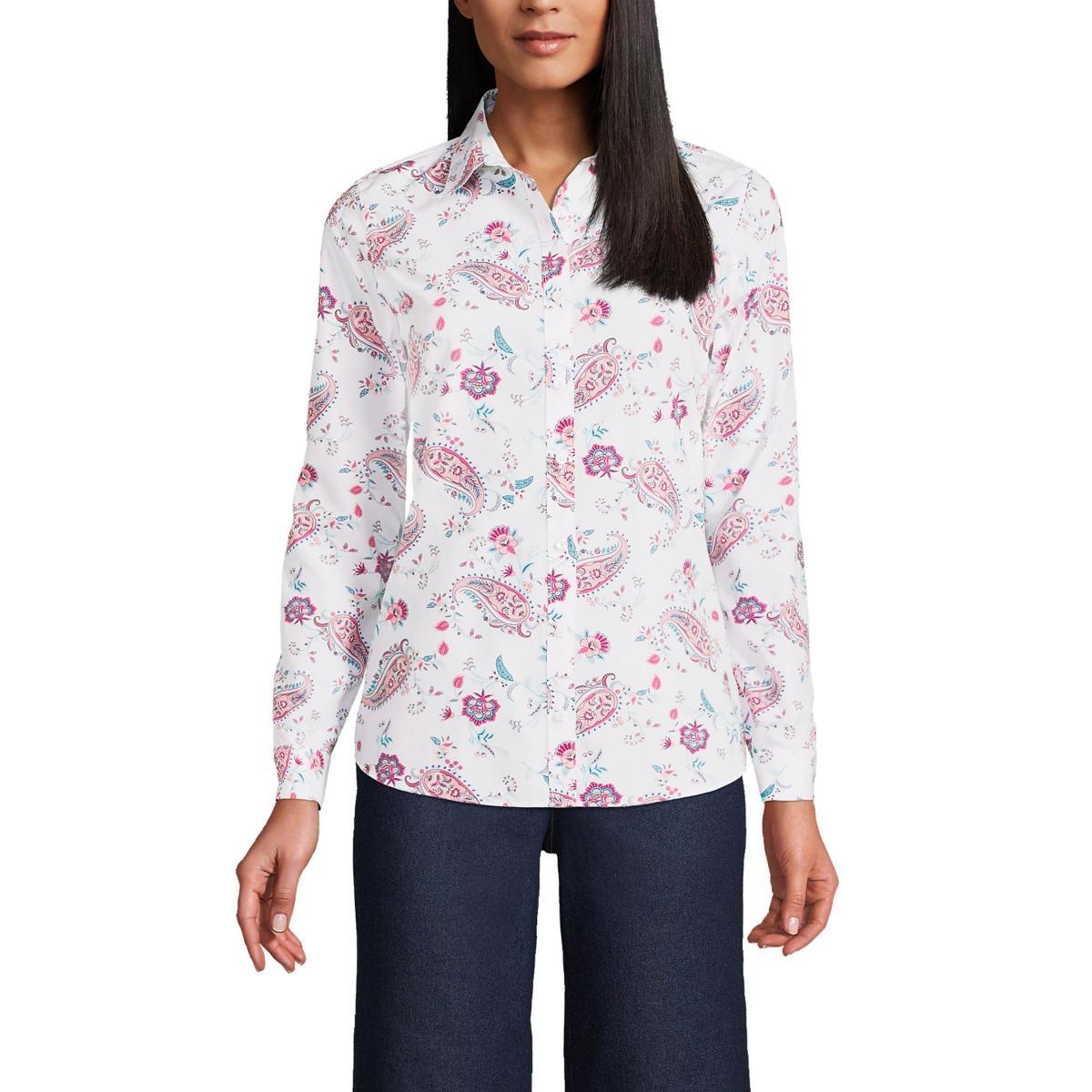 Women's Lands' End No-Iron Long Sleeve Supima Cotton Shirt, Size: 12, Deep  Blue Floral Product Image