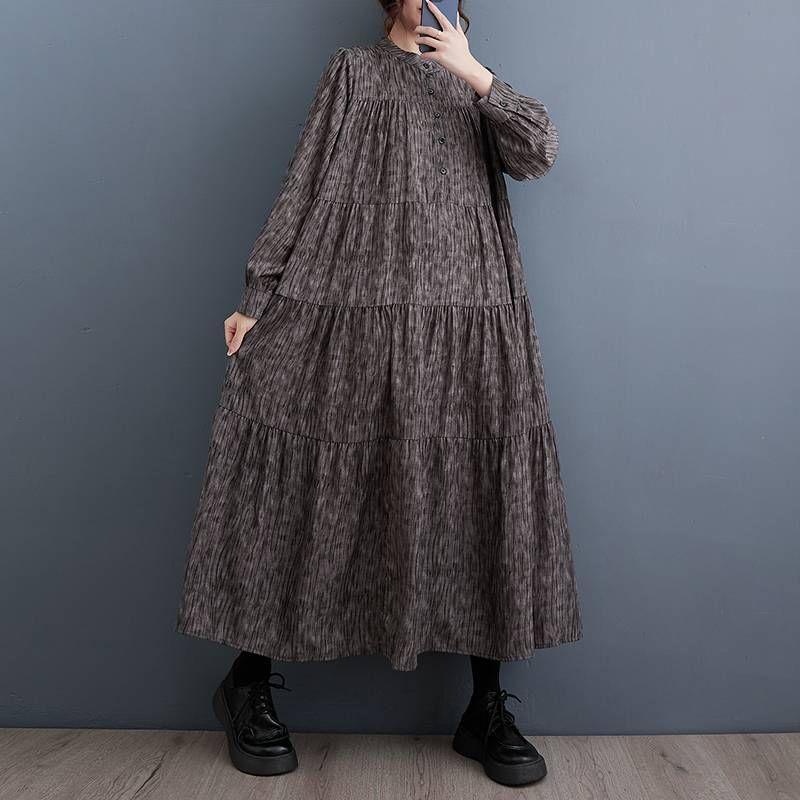 Long Sleeve Stand Collar Printed Loose Fit Maxi Dress Product Image