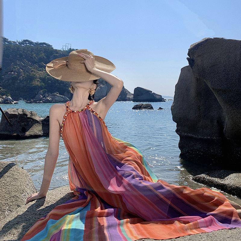 Sleeveless Round Neck Striped Beaded Maxi A-Line Dress Product Image