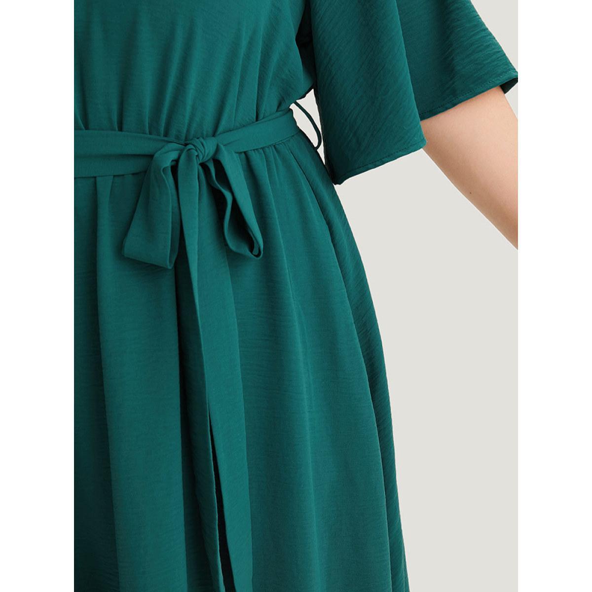 Plus Size Plain Belted Laser Cut High Low Hem Dress Emerald Women Office Gathered V-neck Half Sleeve Curvy Midi Dress BloomChic 10/M Product Image