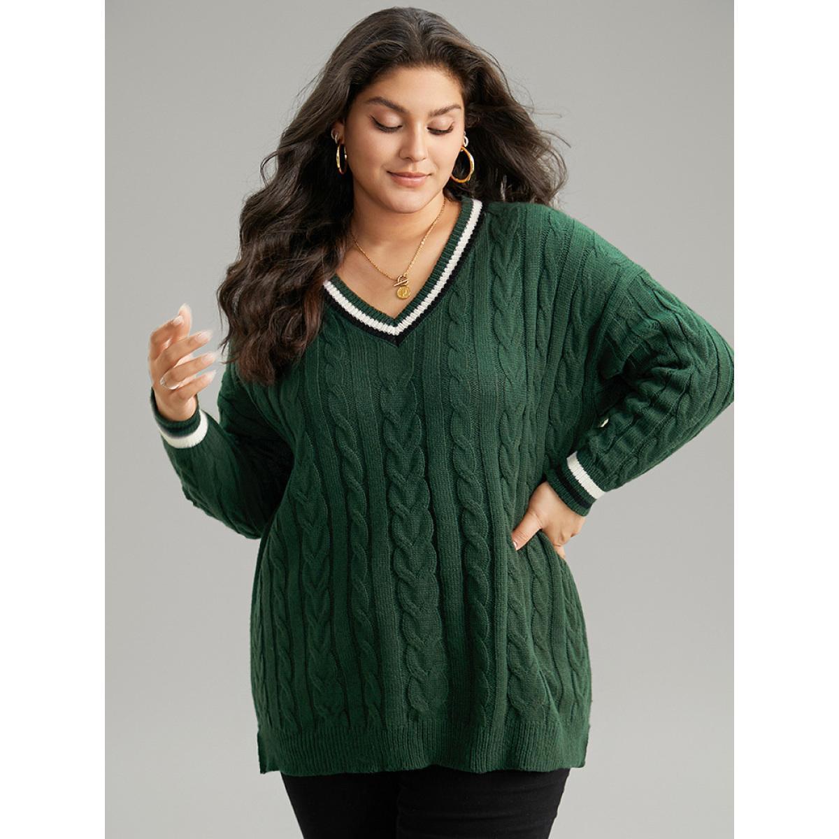 Plus Size Cable Knit Contrast Trim Drop Shoulder Pullover DarkGreen Women Casual Loose Long Sleeve V-neck Dailywear Pullovers BloomChic 18-20/2X Product Image