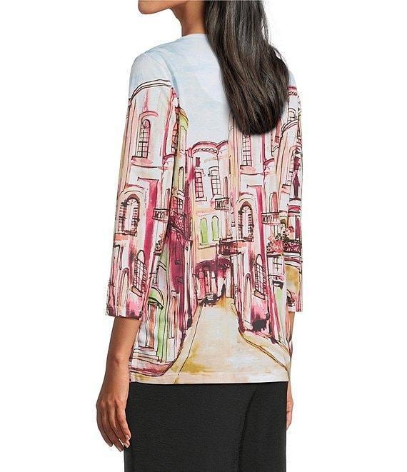 Allison Daley Petite Size Rue Paris Print Embellished 3/4 Sleeve Crew Neck Knit Top Product Image