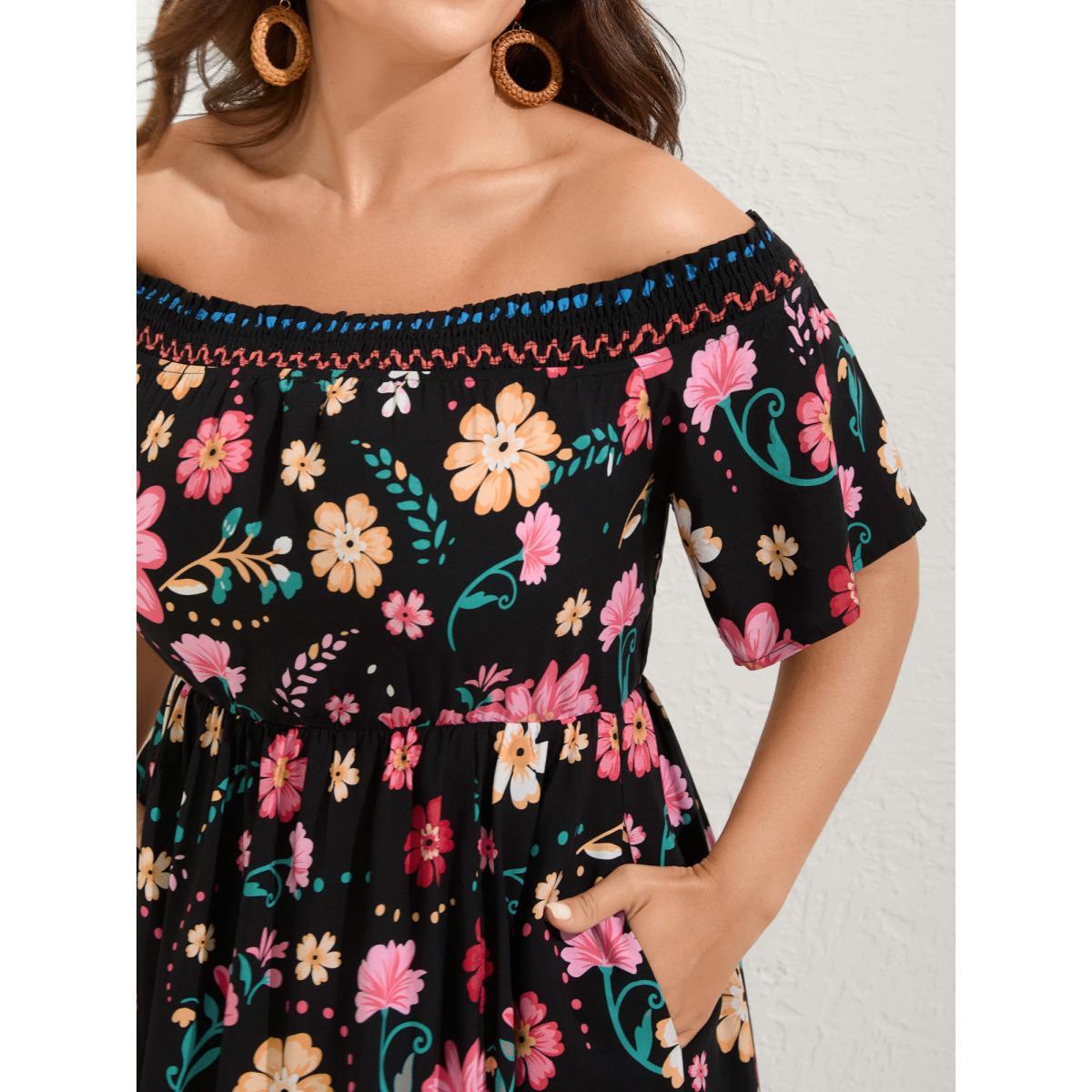 Plus Size Rayon Floral Shirred Off-Shoulder Midi Dress Black Women One-shoulder neck Short sleeve Curvy BloomChic 18-20/2X Product Image
