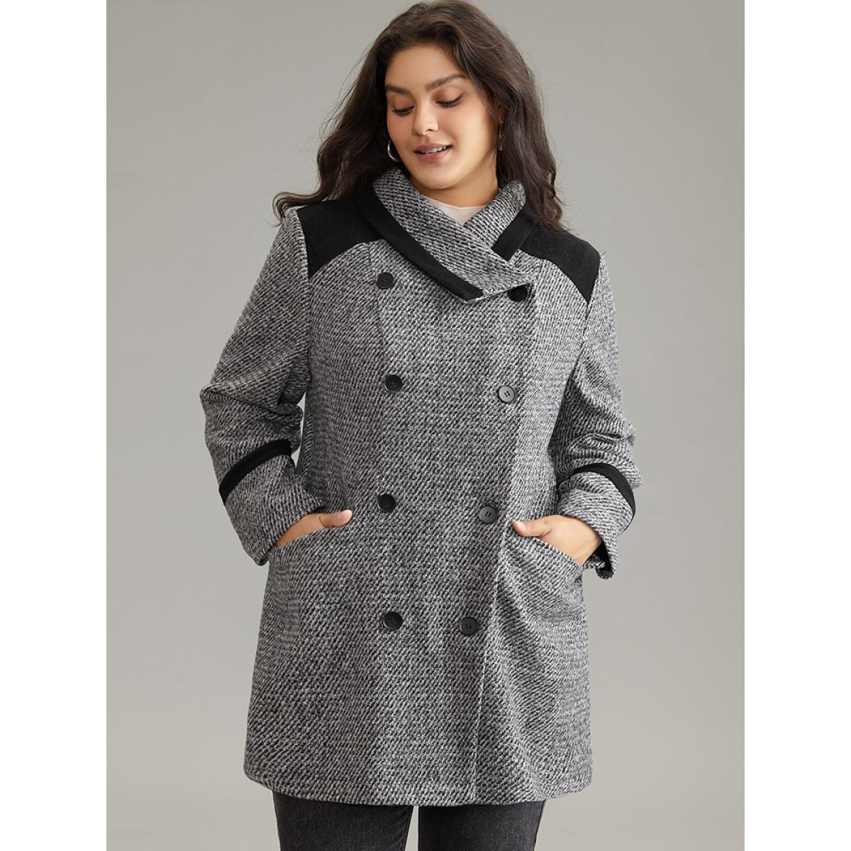 Plus Size Contrast Tweed Double Breasted Flap Pocket Coat Women DimGray Casual Lined Ladies Dailywear Winter Coats BloomChic 26/4X Product Image