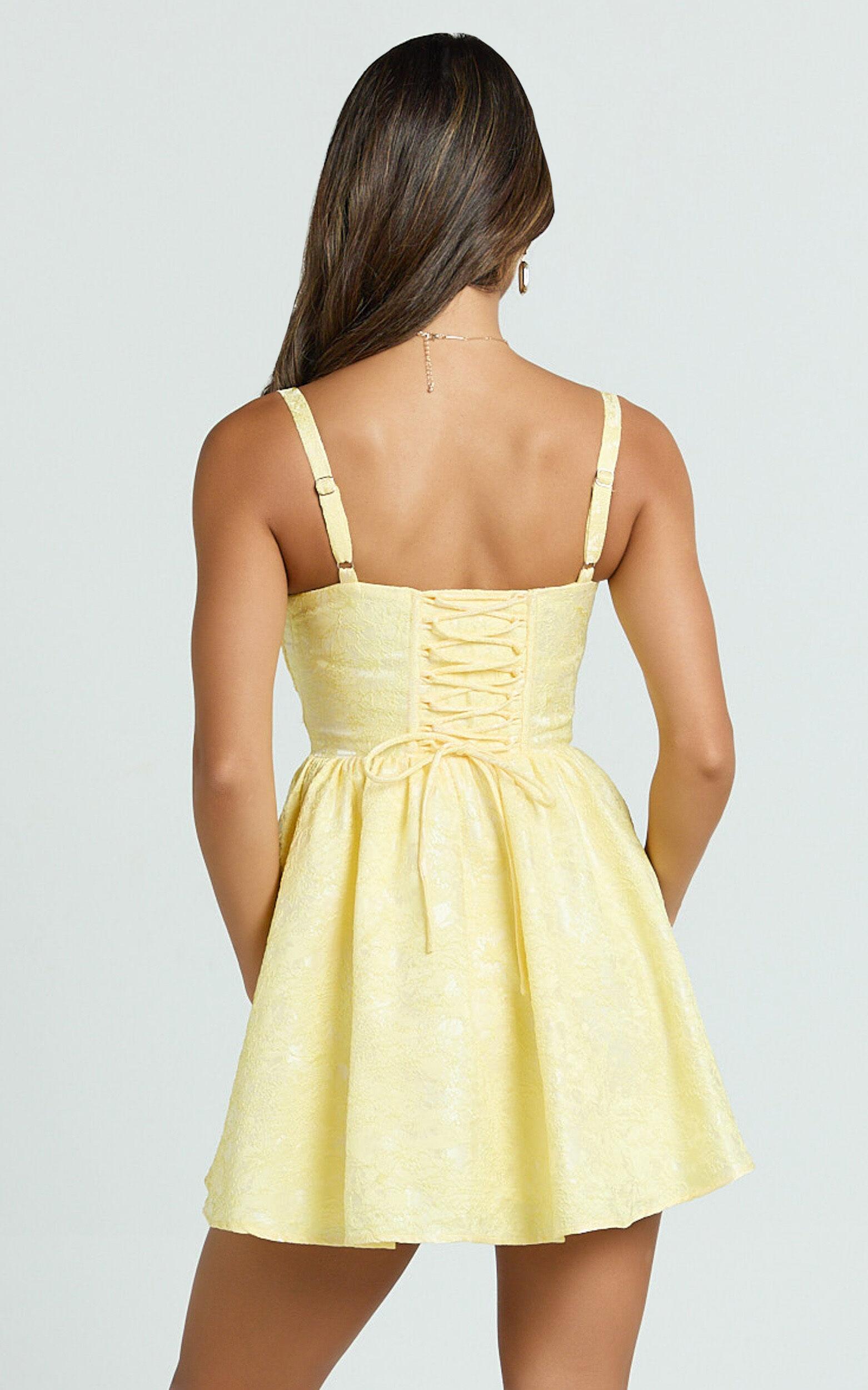 Eden Mini Dress - Jacquard Sweetheart Neck Lace Up Fit And Flare Dress in Yellow Product Image