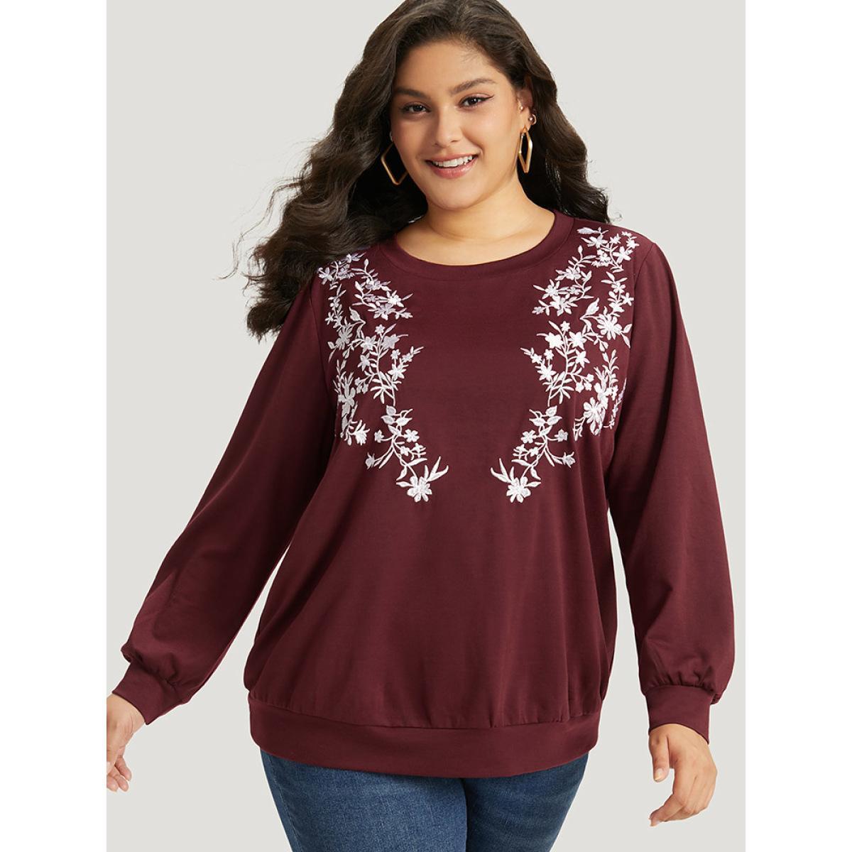 Plus Size Silhouette Floral Print Embroidered Crew Neck Sweatshirt Women Burgundy Casual Elastic cuffs Round Neck Dailywear Sweatshirts BloomChic 26/4X Product Image