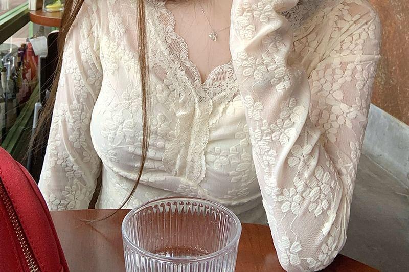 Long-Sleeve V-Neck Lace Crop Top Product Image