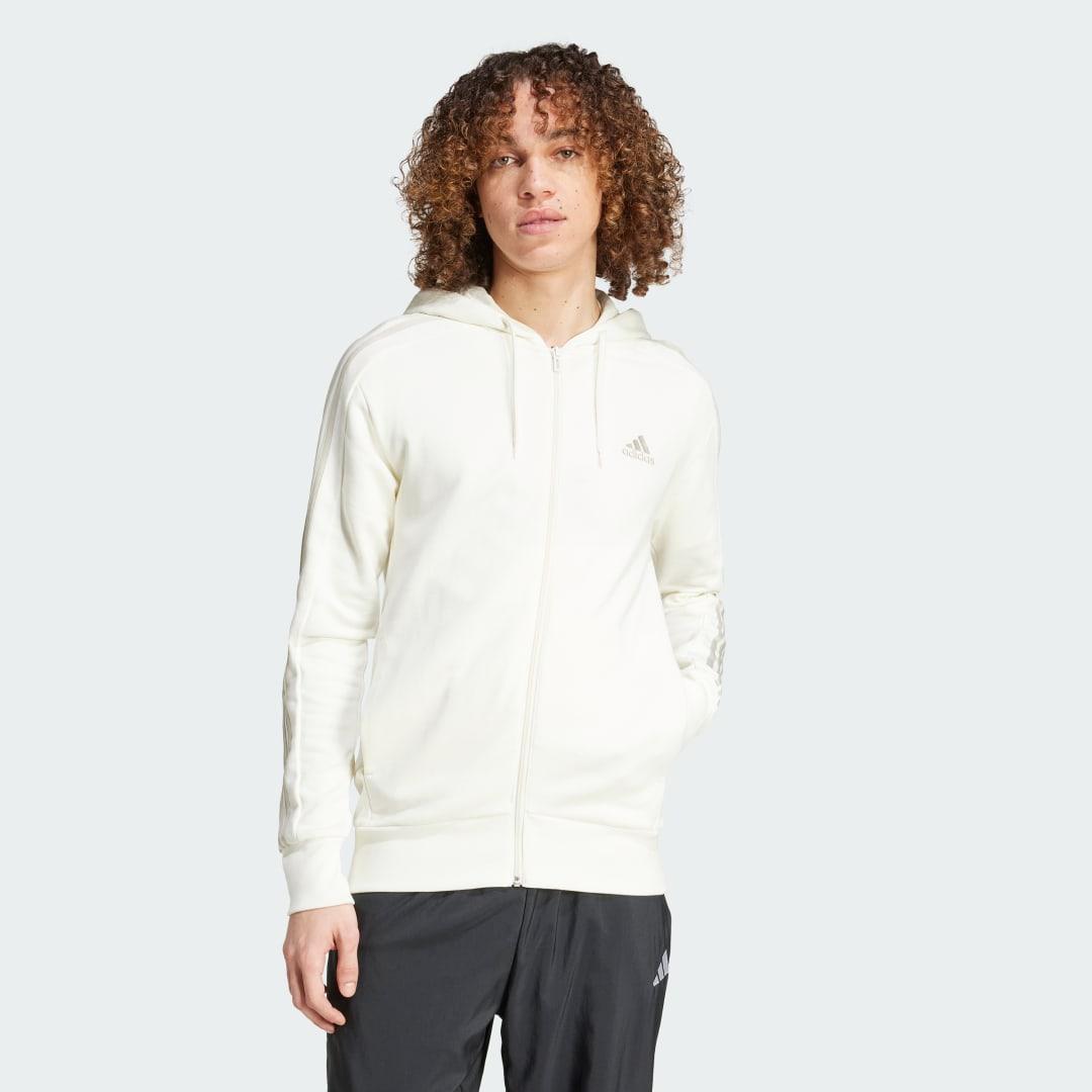 adidas Essentials French Terry 3-Stripes Full-Zip Hoodie Linen Green S Mens Product Image