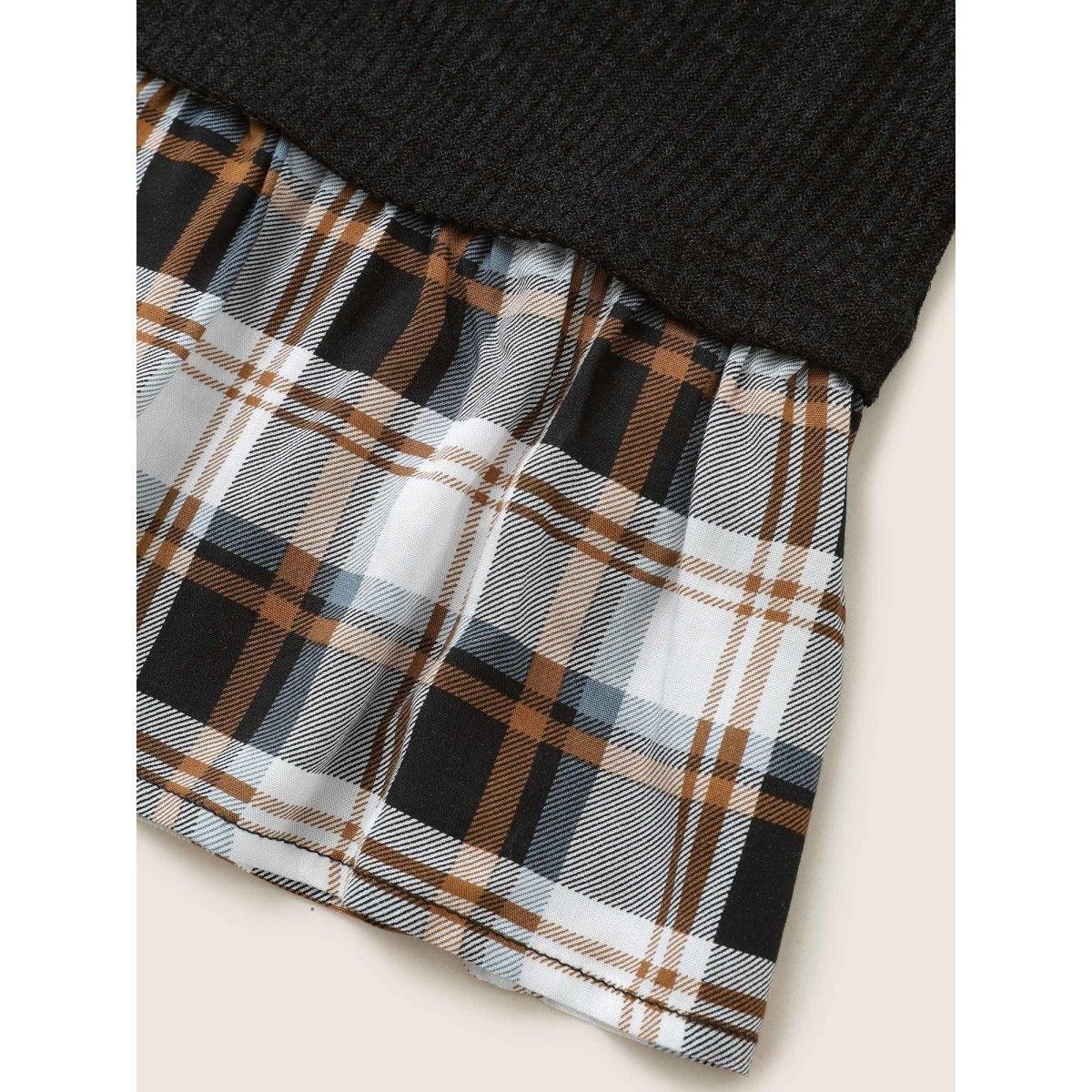 Plus Size Rib Knit Plaid Patchwork Raglan Sleeve T-shirt Black Women Casual Texture Plaid Round Neck Everyday T-shirts BloomChic 18-20/2X Product Image
