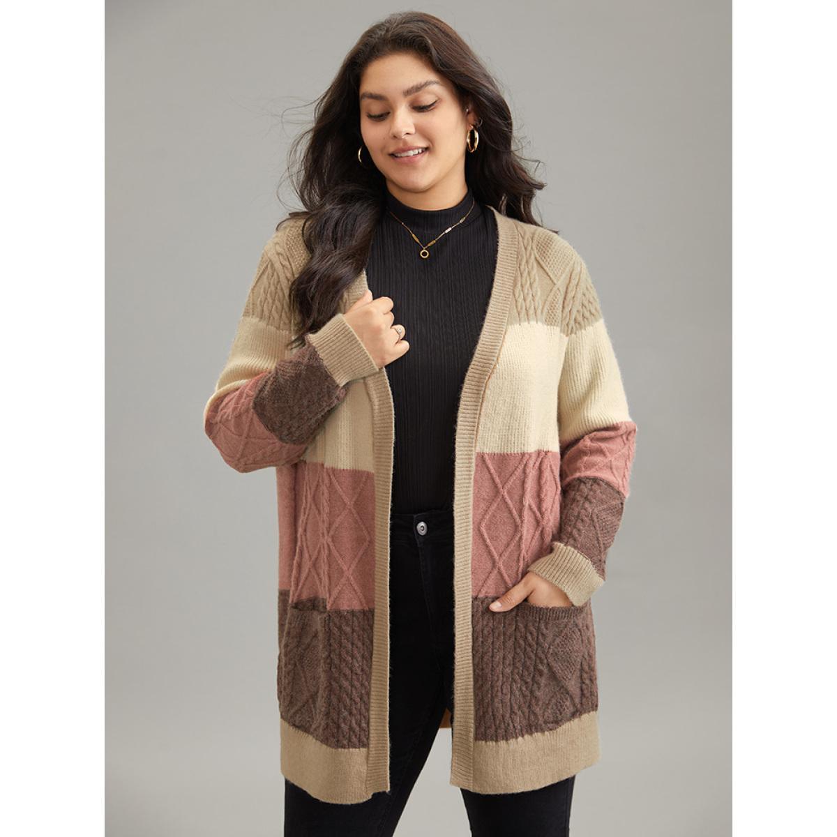 Plus Size Anti-Pilling Cable Knit Colorblock Patched Pocket Cardigan Multicolor Women Casual Loose Long Sleeve Everyday Cardigans BloomChic 14-16/1X Product Image