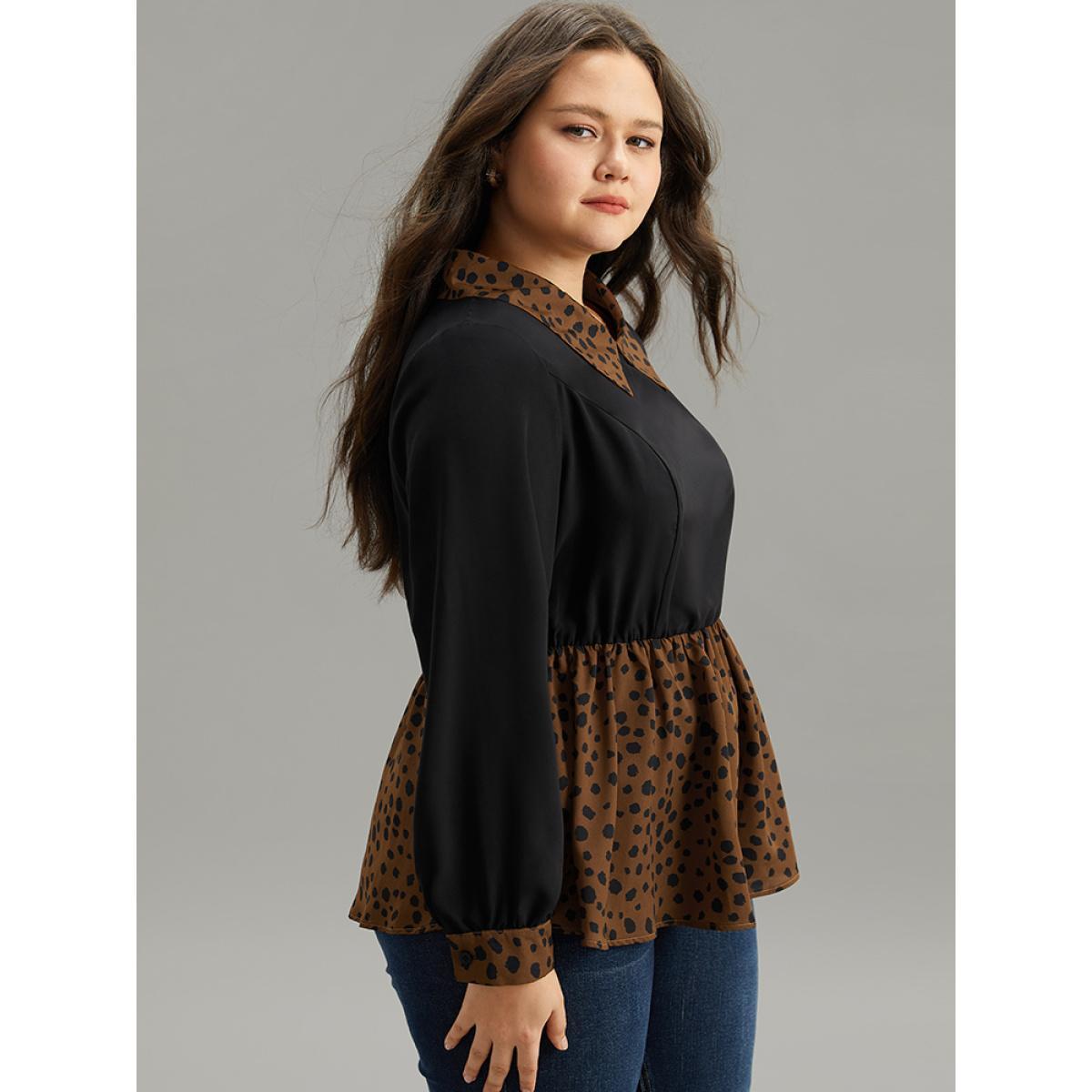 Plus Size Black Leopard Patchwork Elastic Waist Blouse Women Elegant Long Sleeve Lapel Collar Dailywear Blouses BloomChic 26/4X Product Image