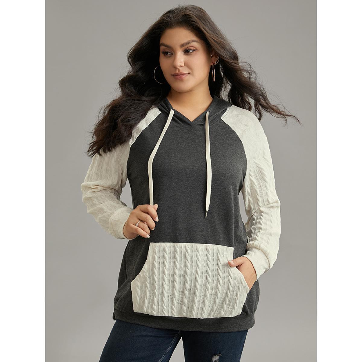 Plus Size Contrast Cable Knit Pocket Hooded Drawstring Sweatshirt Women Gray Casual Texture Hooded Everyday Sweatshirts BloomChic 22-24/3X Product Image