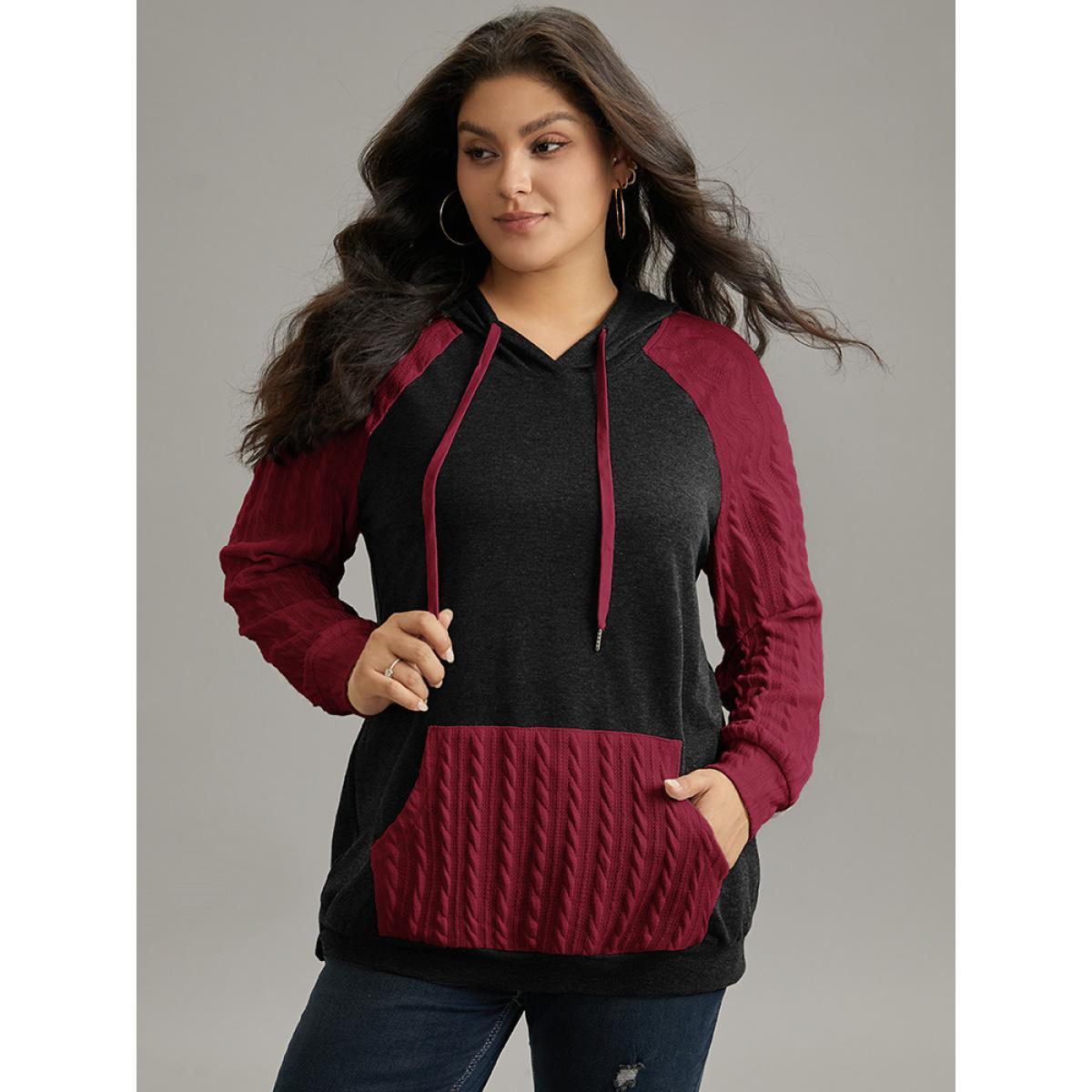 Plus Size Contrast Cable Knit Pocket Hooded Drawstring Sweatshirt Women Black Casual Texture Hooded Everyday Sweatshirts BloomChic 30/6X Product Image