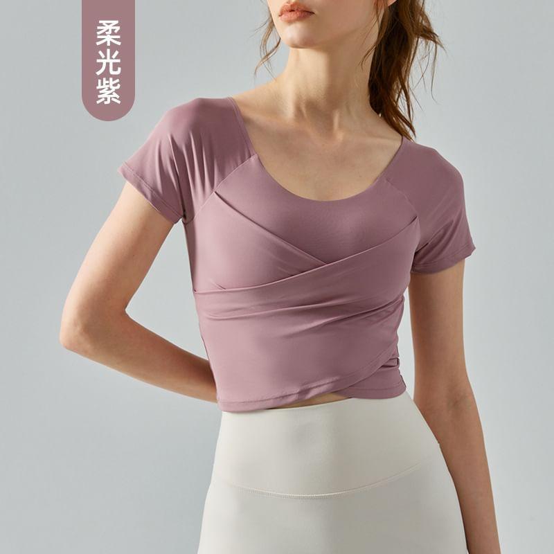 Short-Sleeve Round Neck Plain Criss Cross Yoga T-Shirt Product Image