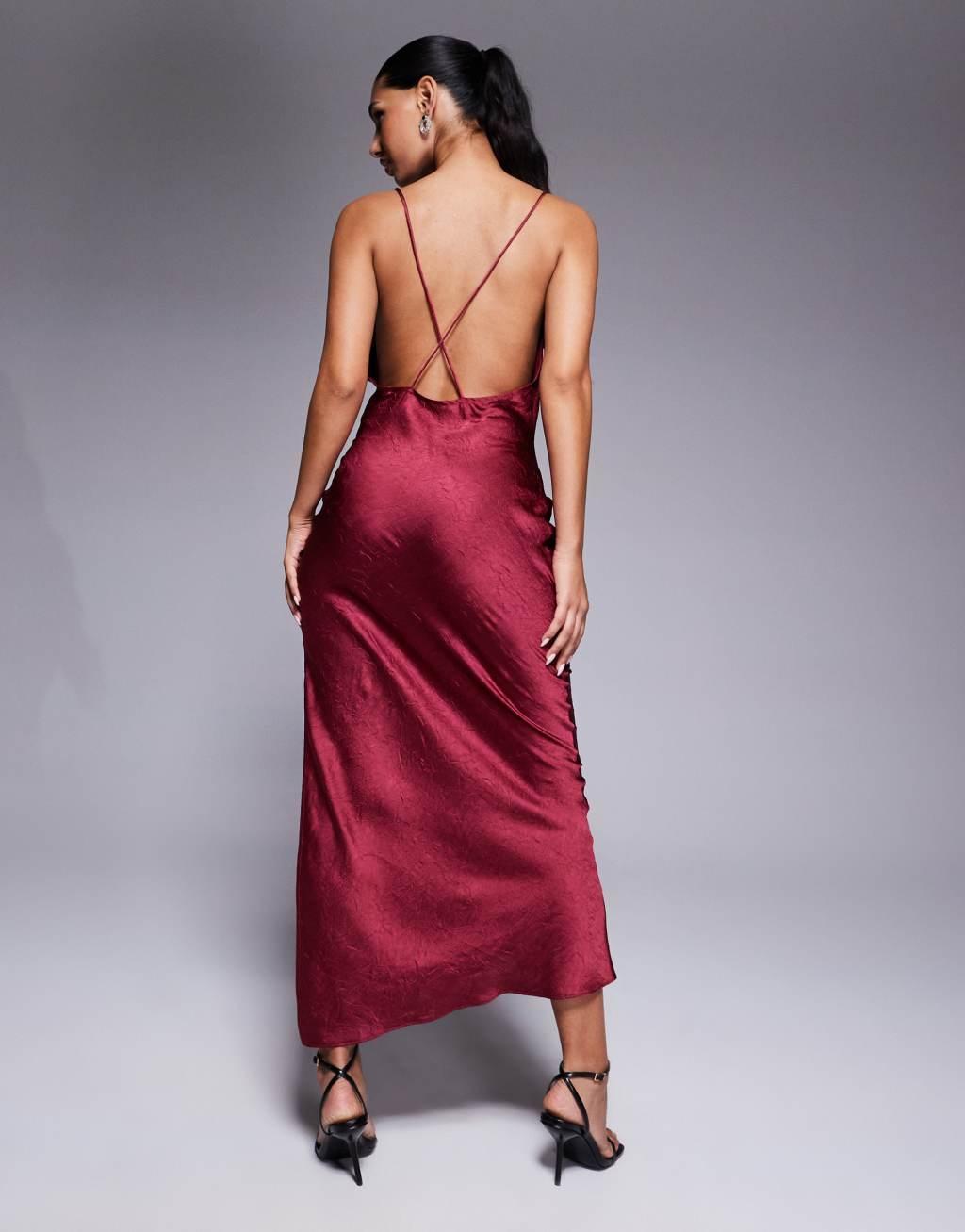 ASOS DESIGN textured satin strappy maxi dress with slit in burgundy Product Image