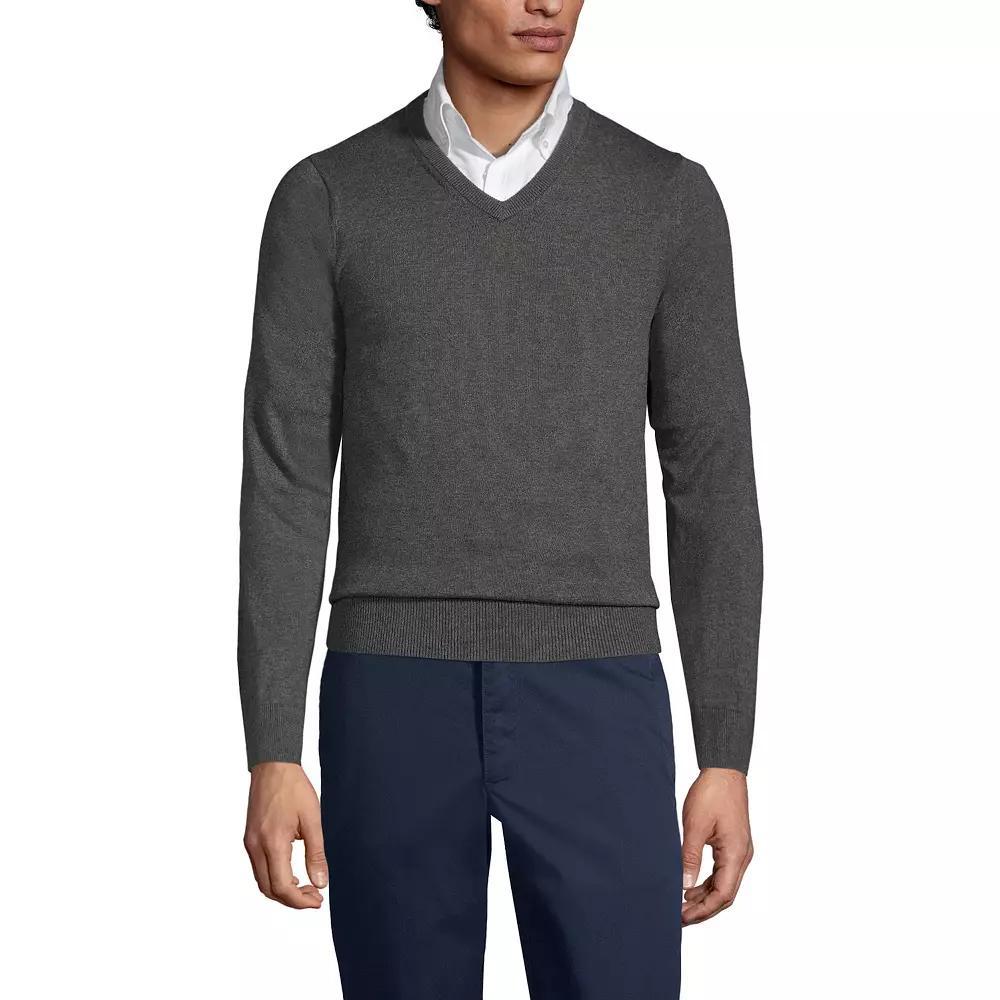 Men's Lands' End School Uniform Fine Gauge V-neck Sweater, Size: Small, Coal Grey Product Image