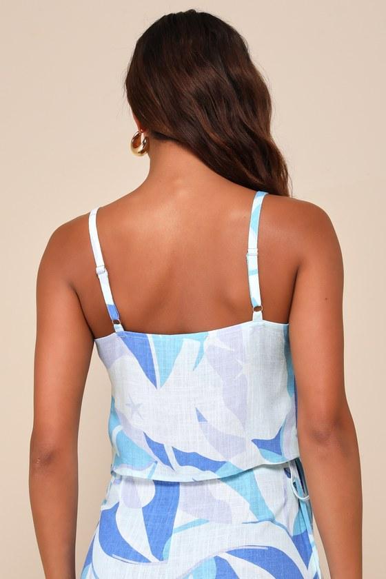 Wondrous Charm Blue Multi Print Linen Tie-Front Crop Top Product Image