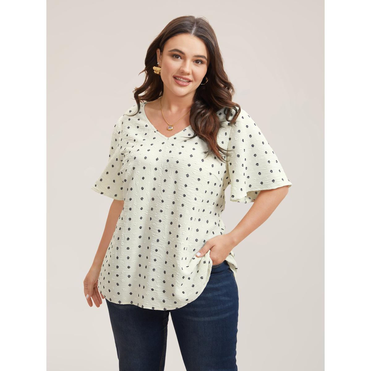 Plus Size Beige Textured Polka Dot Print Flared Sleeve Shirt Women Elegant Short sleeve V-neck Everyday Blouses BloomChic 18-20/2X Product Image
