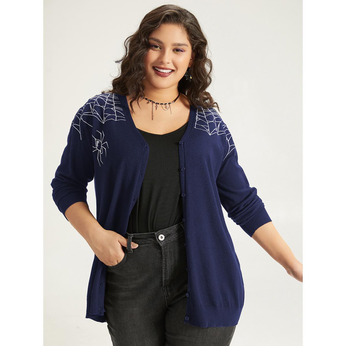 Plus Size Supersoft Essentials Halloween Spider Web Button Through Cardigan Indigo Women Casual Loose Long Sleeve Dailywear Cardigans BloomChic 22-24/3X Product Image