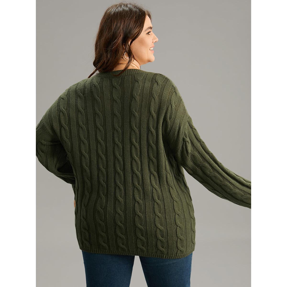 Plus Size Drop Shoulder Cable Knit Solid Pullover ArmyGreen Women Casual Loose Long Sleeve V-neck Everyday Pullovers BloomChic 26/4X Product Image