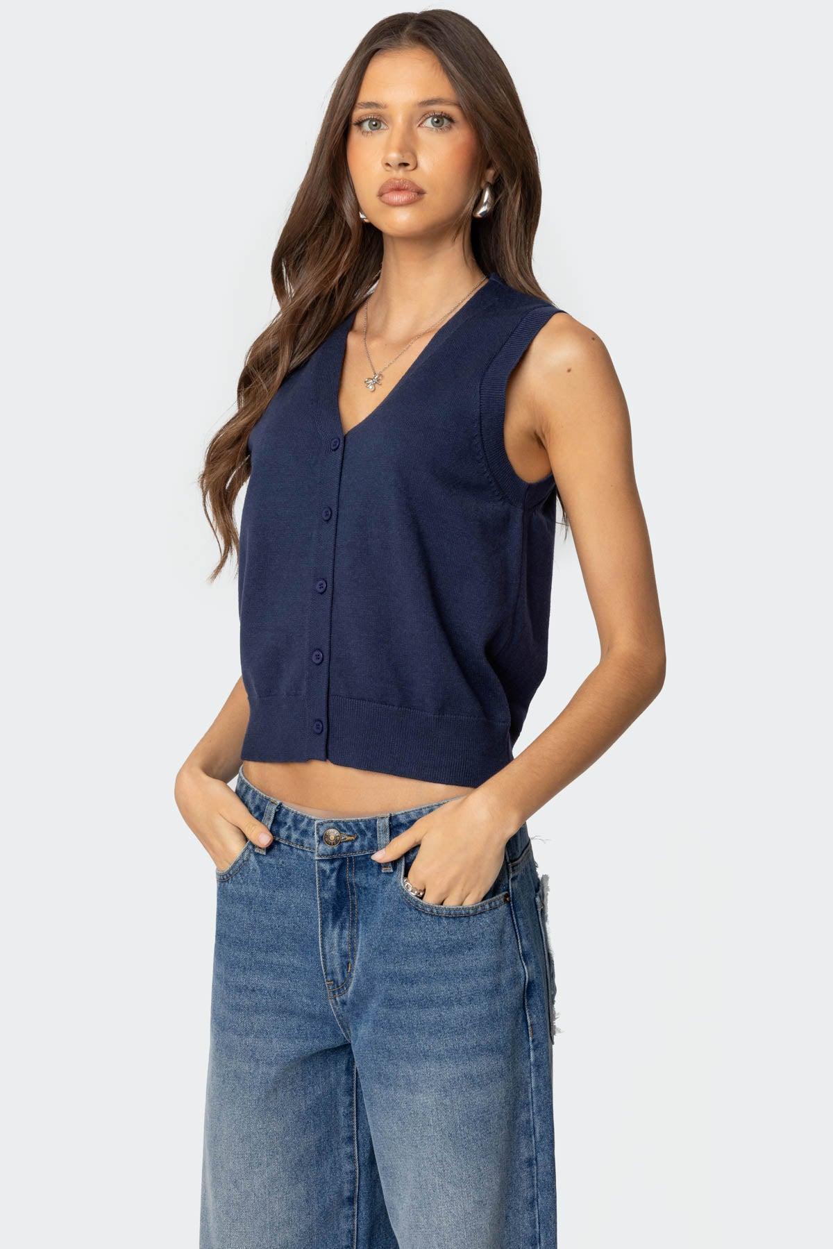 Cam Button Up Knit Vest Top Product Image