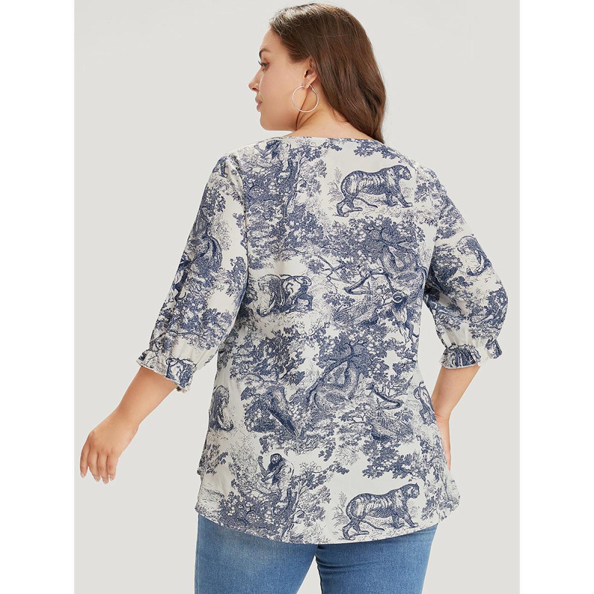 Plus Size Multicolor Print Knot Neck Lantern Sleeve Ruffle Hem Blouse Women Vacation Half Sleeve V-neck Dailywear Blouses BloomChic 18-20/2X Product Image