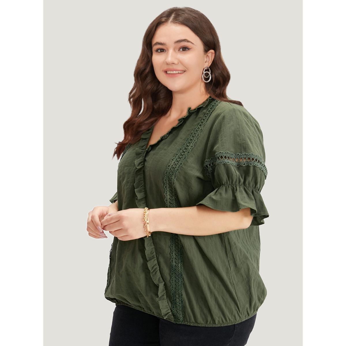 Plus Size ArmyGreen Solid Ruffle Trim Guipure Lace Elastic Hem Blouse Women Vacation Short sleeve V-neck Dailywear Blouses BloomChic 18-20/2X Product Image