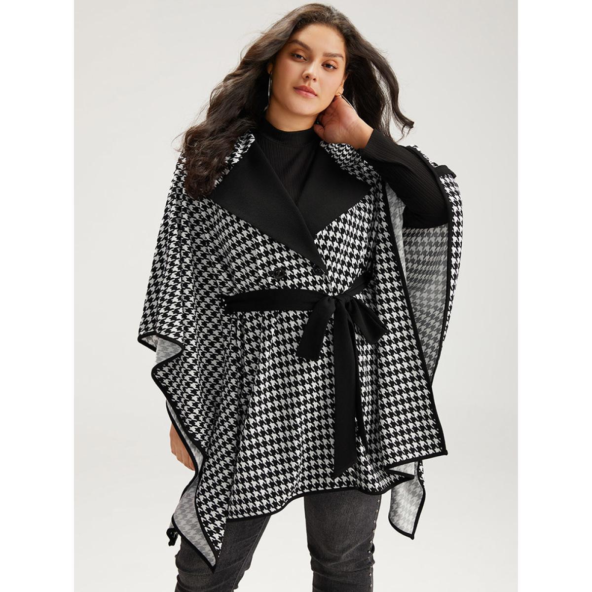 Plus Size Houndstooth Dolman Sleeve Lapel Collar Belted Coat Women Black Casual Belted Loose Ladies Dailywear Winter Coats BloomChic 30/6X Product Image