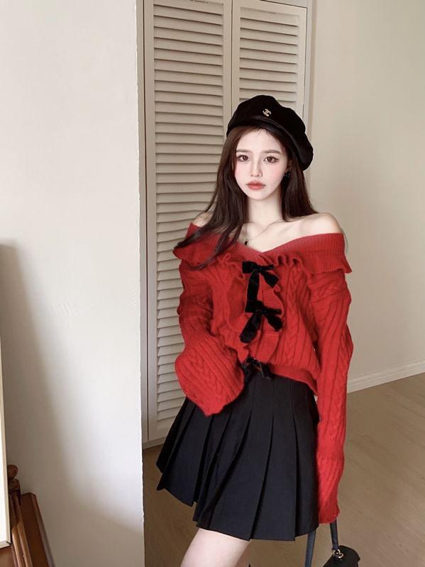 V-Neck Bow Accent Ruffle Trim Cable Knit Crop Sweater Product Image